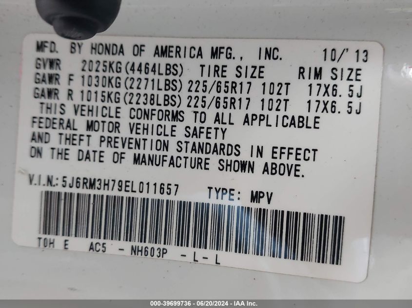 2014 Honda Cr-V Ex-L VIN: 5J6RM3H79EL011657 Lot: 39699736