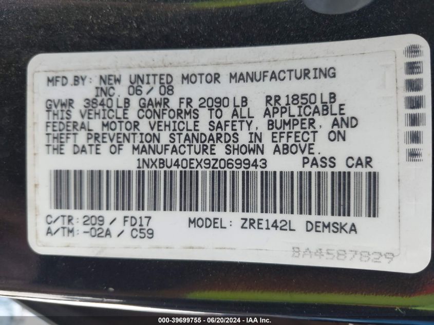 2009 Toyota Corolla S VIN: 1NXBU40EX9Z069943 Lot: 39699755