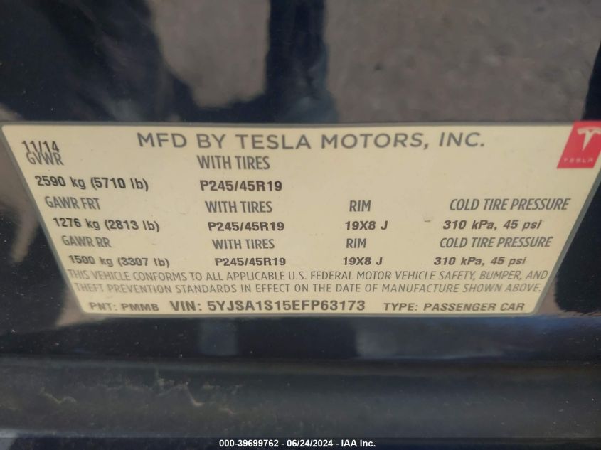 2014 Tesla Model S VIN: 5YJSA1S15EFP63173 Lot: 39699762