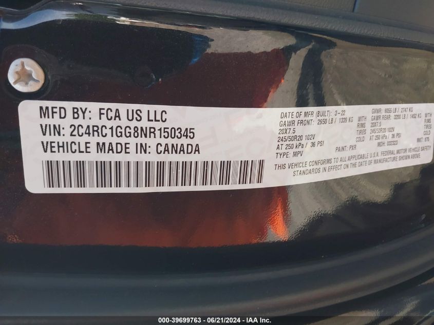 2022 Chrysler Pacifica Limited VIN: 2C4RC1GG8NR150345 Lot: 39699763