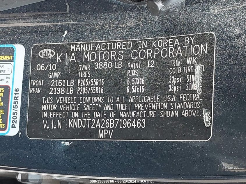 2011 Kia Soul + VIN: KNDJT2A26B7196463 Lot: 39699766