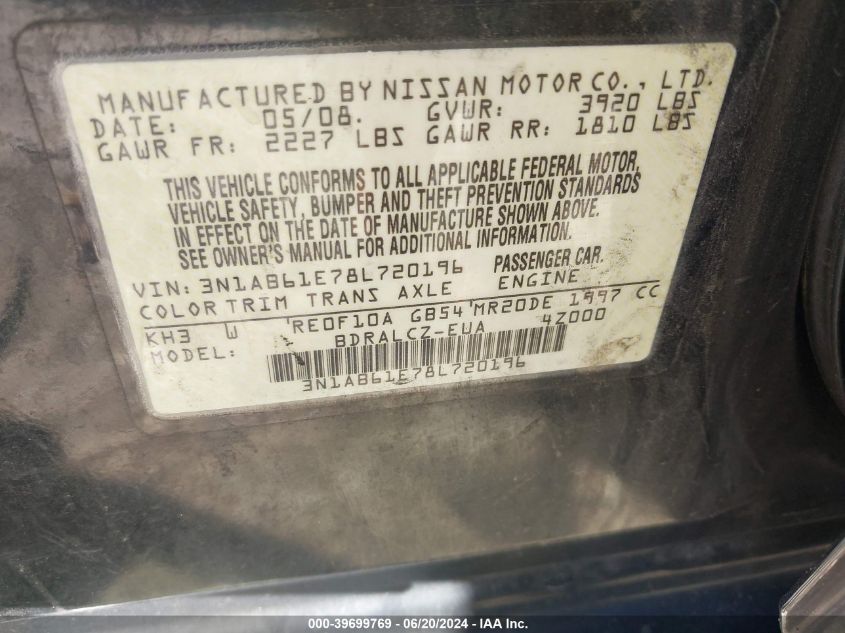2008 Nissan Sentra 2.0 VIN: 3N1AB61E78L720196 Lot: 39699769
