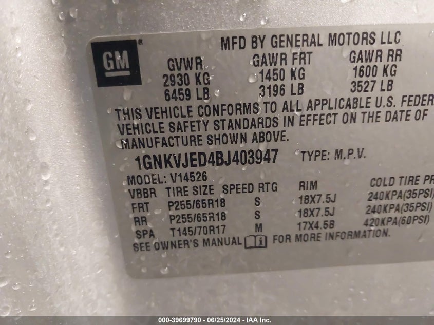 2011 Chevrolet Traverse 2Lt VIN: 1GNKVJED4BJ403947 Lot: 39699790