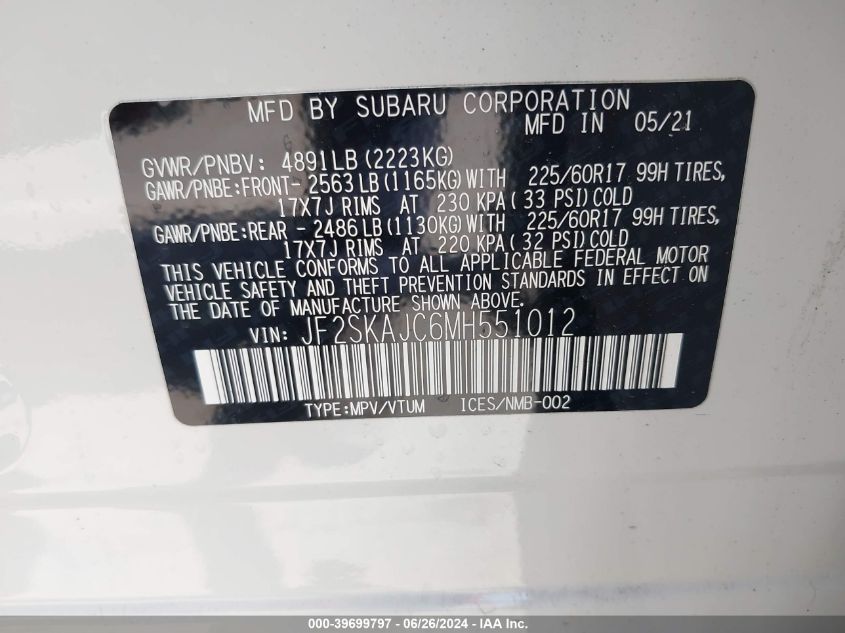 2021 Subaru Forester Premium VIN: JF2SKAJC6MH551012 Lot: 39699797
