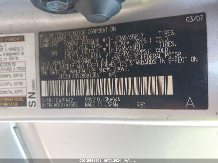 2007 Toyota 4Runner Sr5 V6 VIN: JTEZU14R978081386 Lot: 39699801