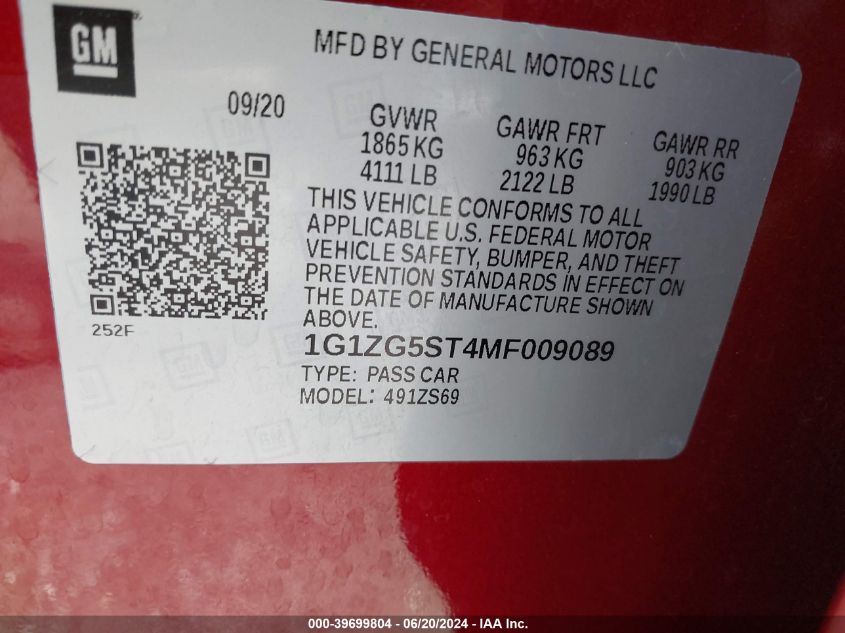 1G1ZG5ST4MF009089 2021 CHEVROLET MALIBU - Image 16