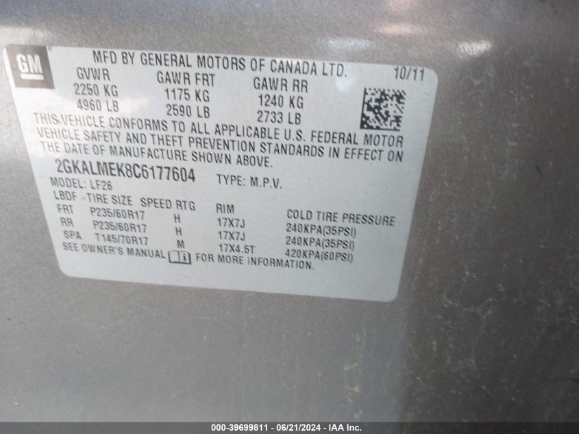 2012 GMC Terrain Sle-1 VIN: 2GKALMEK8C6177604 Lot: 39699811