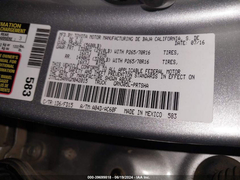 2016 Toyota Tacoma Trd Off Road VIN: 3TMCZ5ANXGM042015 Lot: 39699818