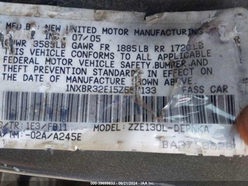 2005 Toyota Corolla Le VIN: 1NXBR32E15Z557133 Lot: 39699833