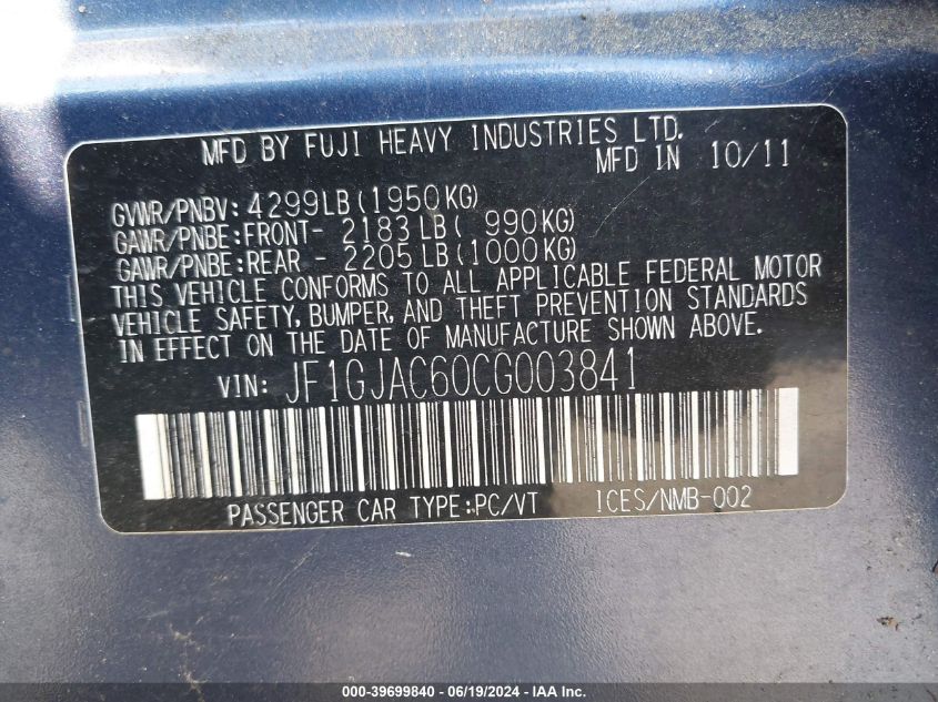2012 Subaru Impreza 2.0I Premium VIN: JF1GJAC60CG003841 Lot: 39699840