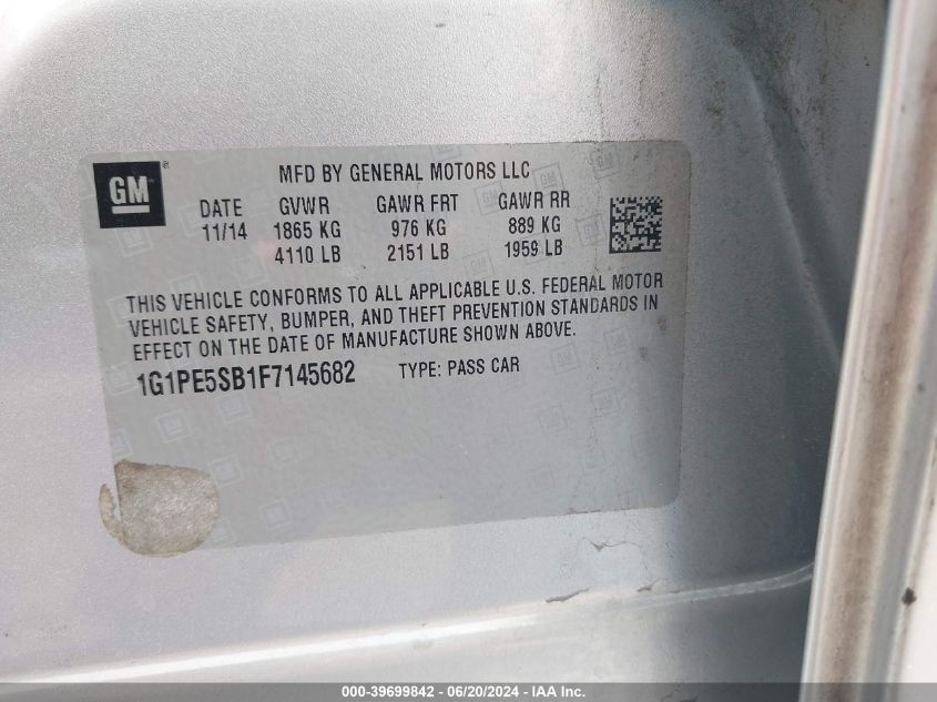 2015 Chevrolet Cruze 2Lt Auto VIN: 1G1PE5SB1F7145682 Lot: 39699842