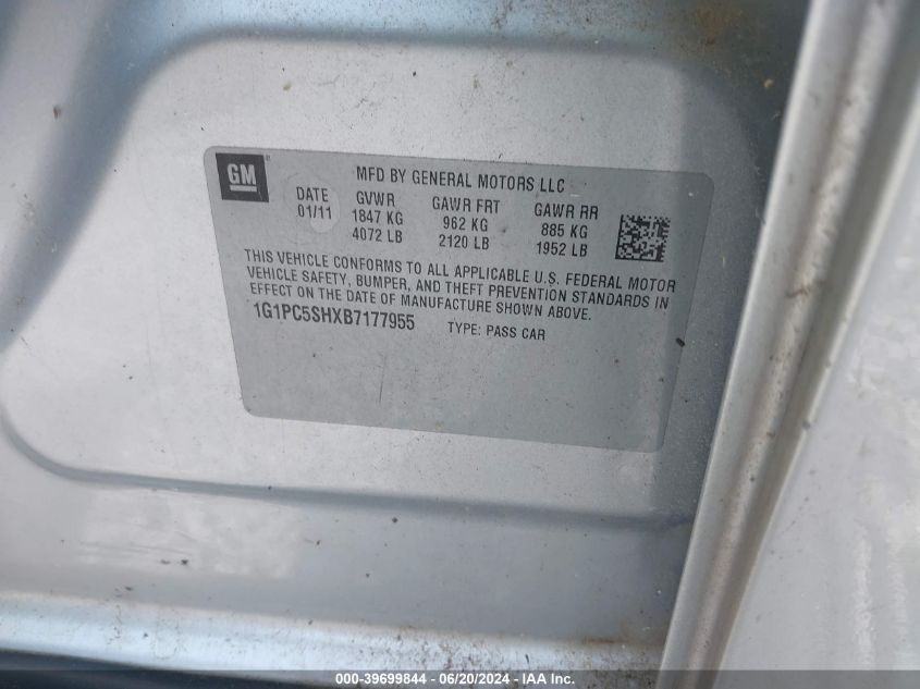 2011 Chevrolet Cruze Ls VIN: 1G1PC5SHXB7177955 Lot: 39699844