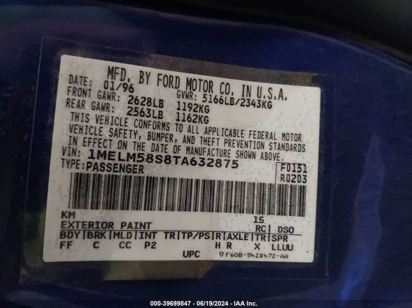 1996 Mercury Sable Ls VIN: 1MELM58S8TA632875 Lot: 39699847