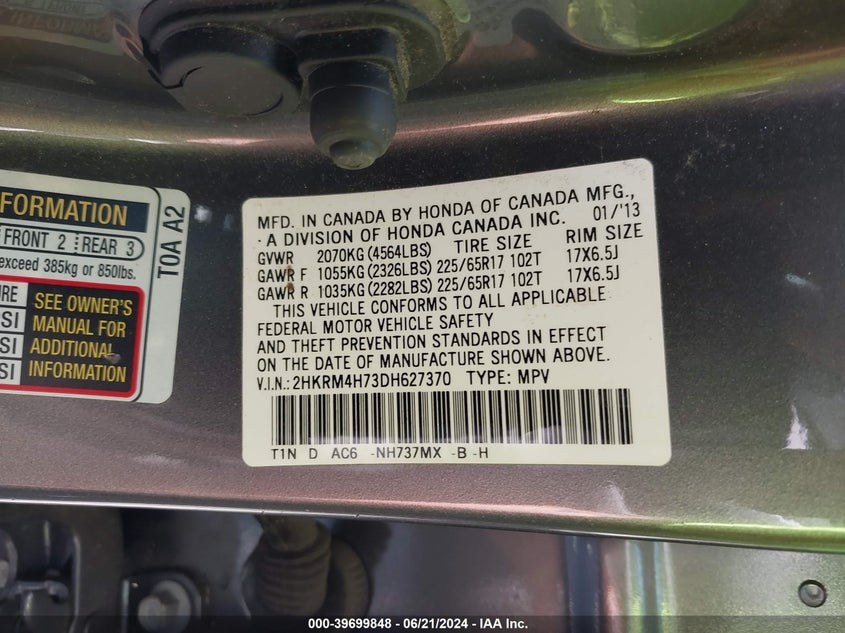 2013 HONDA CR-V EX-L - 2HKRM4H73DH627370