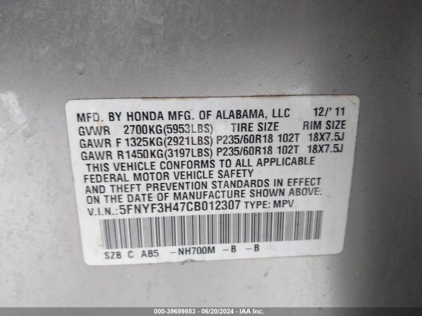 2012 Honda Pilot Ex VIN: 5FNYF3H47CB012307 Lot: 39699853