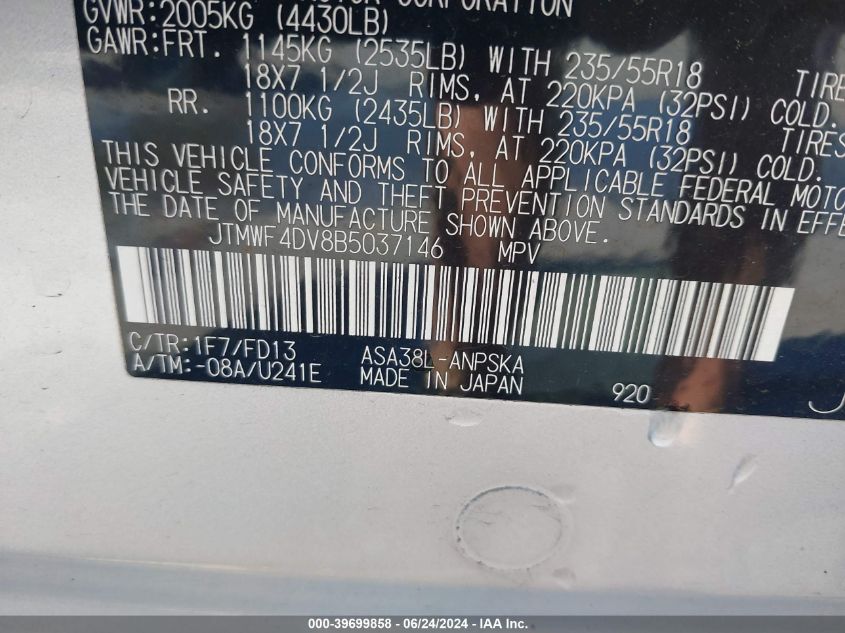 2011 Toyota Rav4 Sport VIN: JTMWF4DV8B5037146 Lot: 39699858