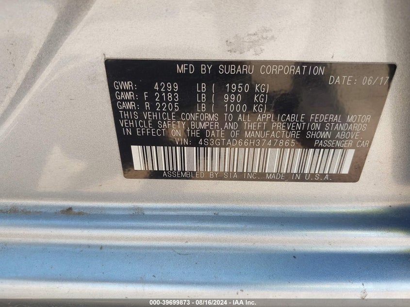 2017 Subaru Impreza 2.0I Premium VIN: 4S3GTAD66H3747865 Lot: 39699873