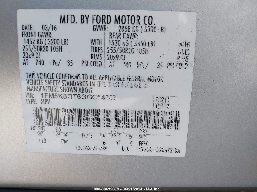 2016 Ford Explorer Sport VIN: 1FM5K8GT6GGC64867 Lot: 39699879