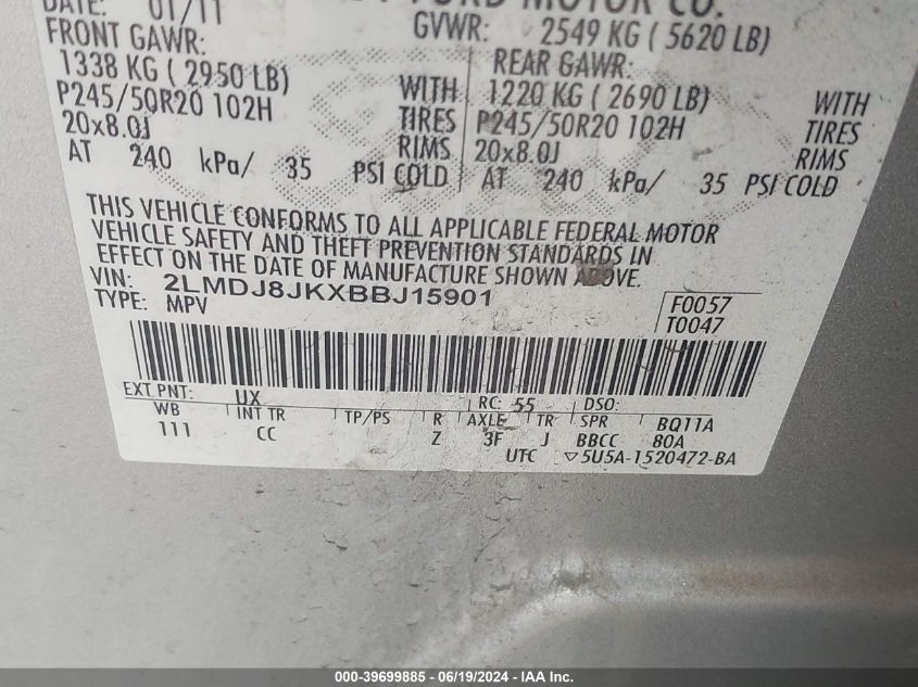 2011 Lincoln Mkx VIN: 2LMDJ8JKXBBJ15901 Lot: 39699885