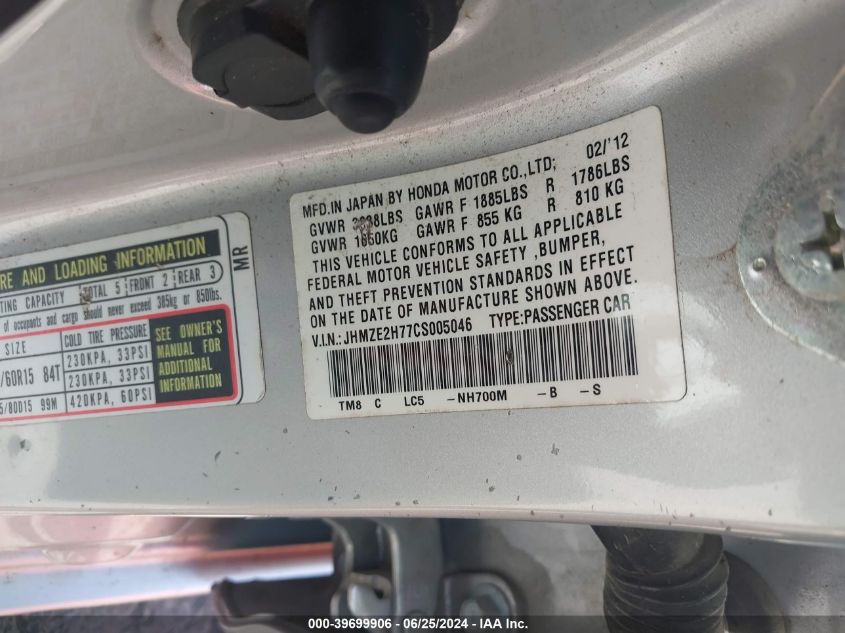 2012 Honda Insight Ex VIN: JHMZE2H77CS005046 Lot: 39699906