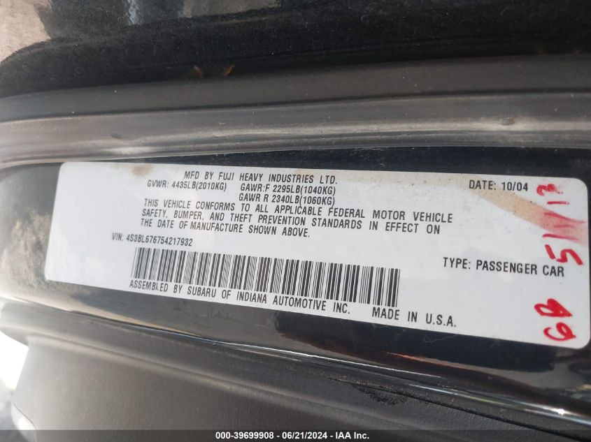 2005 Subaru Legacy Gt Limited VIN: 4S3BL676754217932 Lot: 39699908