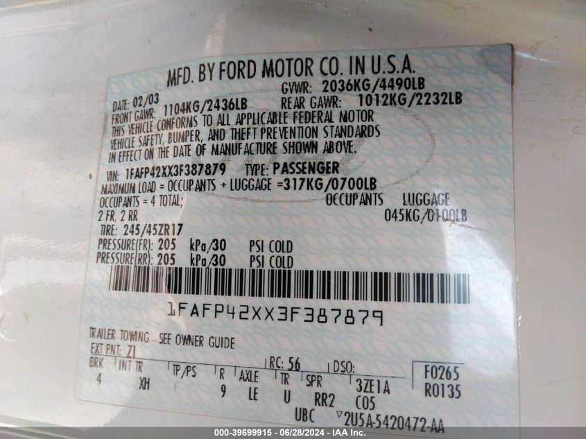 2003 Ford Mustang Gt VIN: 1FAFP42XX3F387879 Lot: 39699915