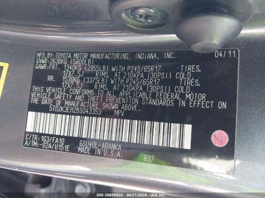 2011 Toyota Highlander Se VIN: 5TDZK3EH2BS043353 Lot: 39699924