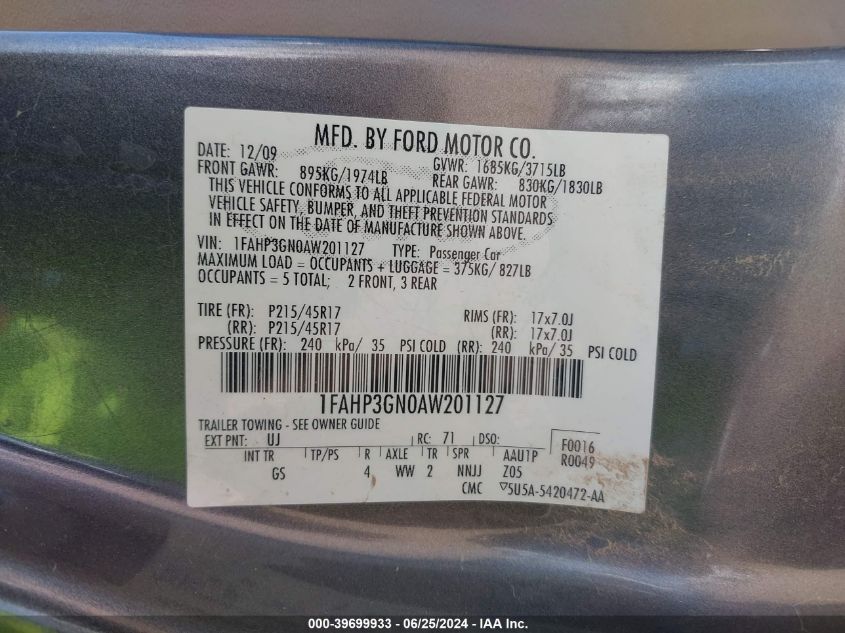 2010 Ford Focus Ses VIN: 1FAHP3GN0AW201127 Lot: 39699933