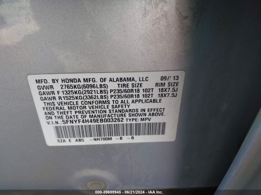 2014 Honda Pilot Ex VIN: 5FNYF4H49EB003262 Lot: 39699945