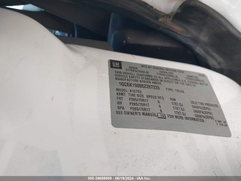 2008 Chevrolet Silverado 1500 Work Truck VIN: 1GCEK19088Z287233 Lot: 39699959