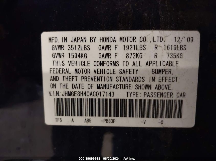 2010 Honda Fit Sport VIN: JHMGE8H40AC017143 Lot: 39699968