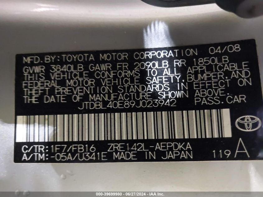 2009 Toyota Corolla Le VIN: JTDBL40E89J023942 Lot: 39699980
