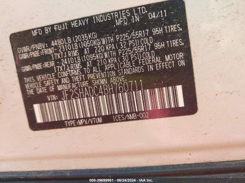 2011 Subaru Forester 2.5X Premium VIN: JF2SHADC4BH760711 Lot: 39699981