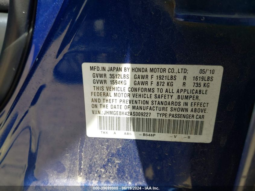 2010 Honda Fit Sport VIN: JHMGE8H42AS009227 Lot: 39699985