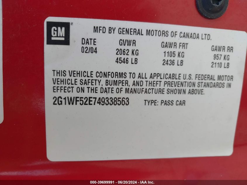2004 Chevrolet Impala VIN: 2G1WF52E749338563 Lot: 39699991