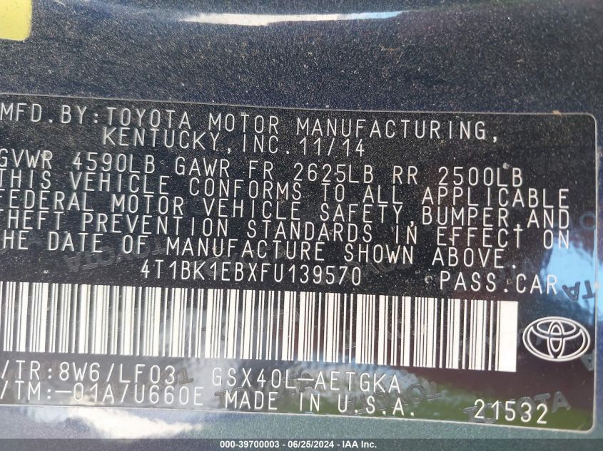 2015 Toyota Avalon Xle Premium VIN: 4T1BK1EBXFU139570 Lot: 39700003