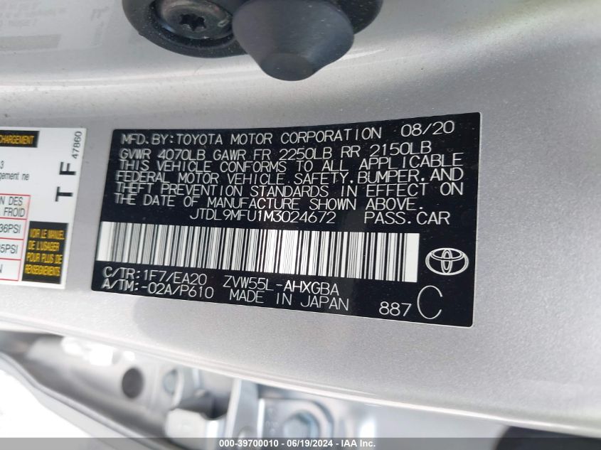 2021 Toyota Prius Xle Awd-E VIN: JTDL9MFU1M3024672 Lot: 39700010
