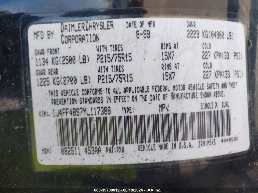 2000 Jeep Cherokee Sport VIN: 1J4FF48S7YL117388 Lot: 39700012