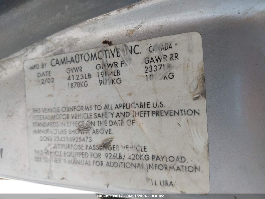 2003 Chevrolet Tracker Hard Top Zr2 VIN: 2CNBJ734336925473 Lot: 39700017