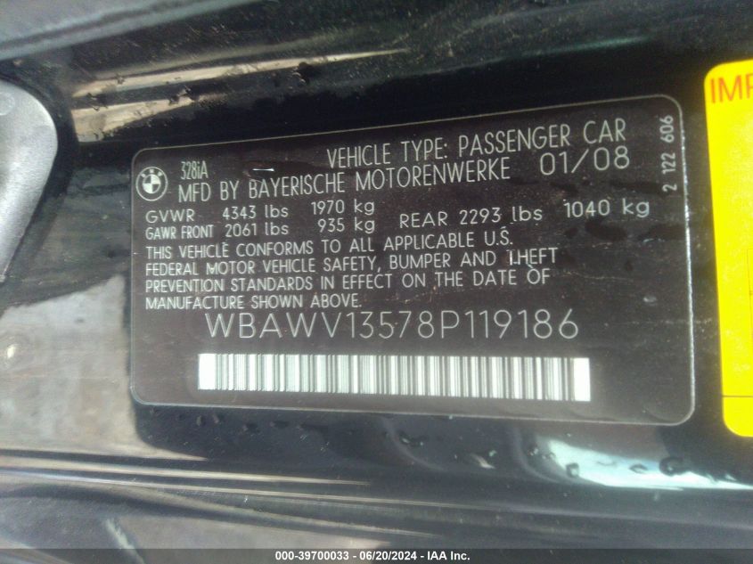 2008 BMW 328I VIN: WBAWV13578P119186 Lot: 39700033