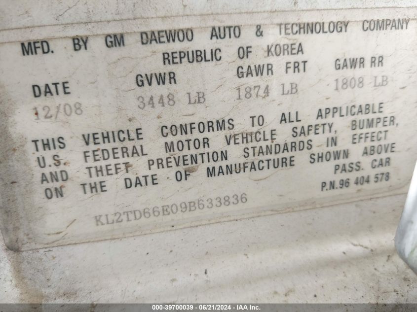 2009 Pontiac G3 VIN: KL2TD66E09B633836 Lot: 39700039