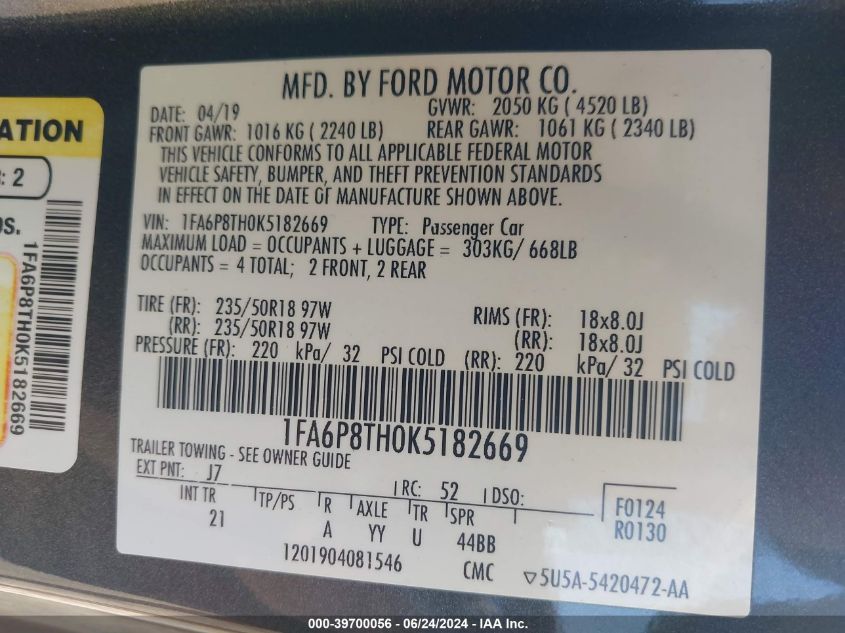 2019 Ford Mustang Ecoboost VIN: 1FA6P8TH0K5182669 Lot: 39700056