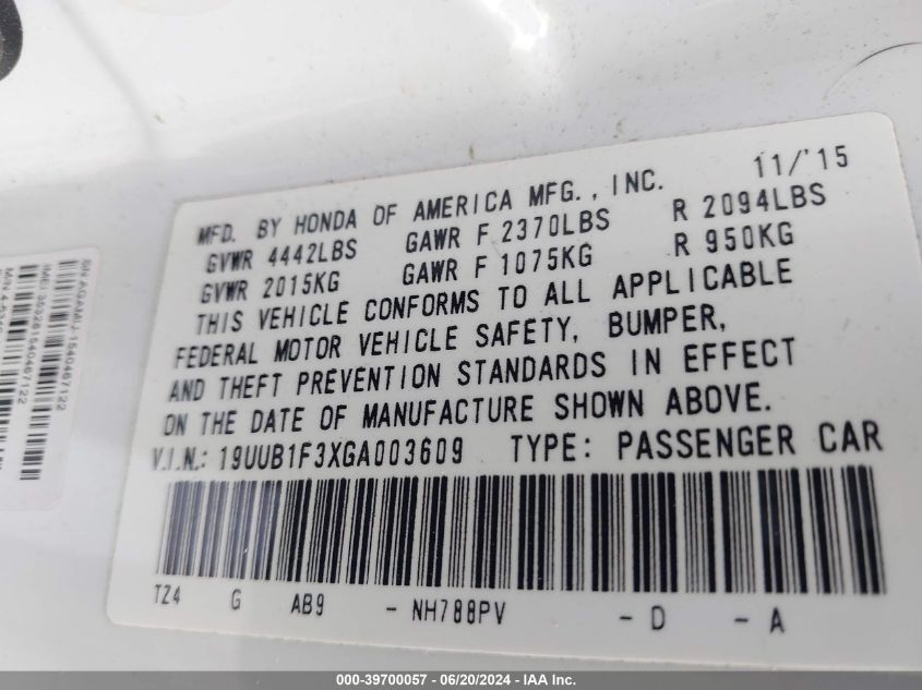 2016 Acura Tlx VIN: 19UUB1F3XGA003609 Lot: 39700057