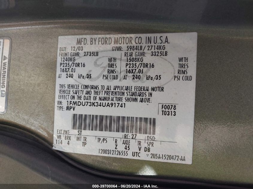 2004 Ford Explorer Nbx/Xlt VIN: 1FMDU73K34UA91741 Lot: 39700064