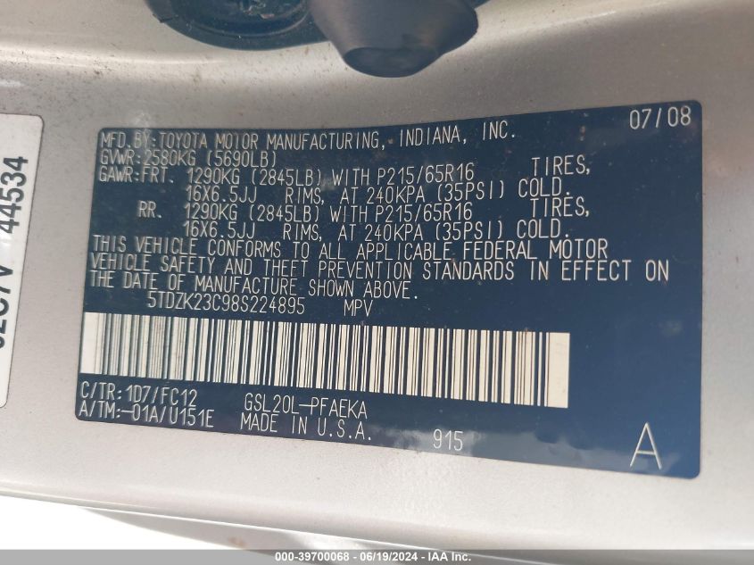 2008 Toyota Sienna Le VIN: 5TDZK23C98S224895 Lot: 39700068