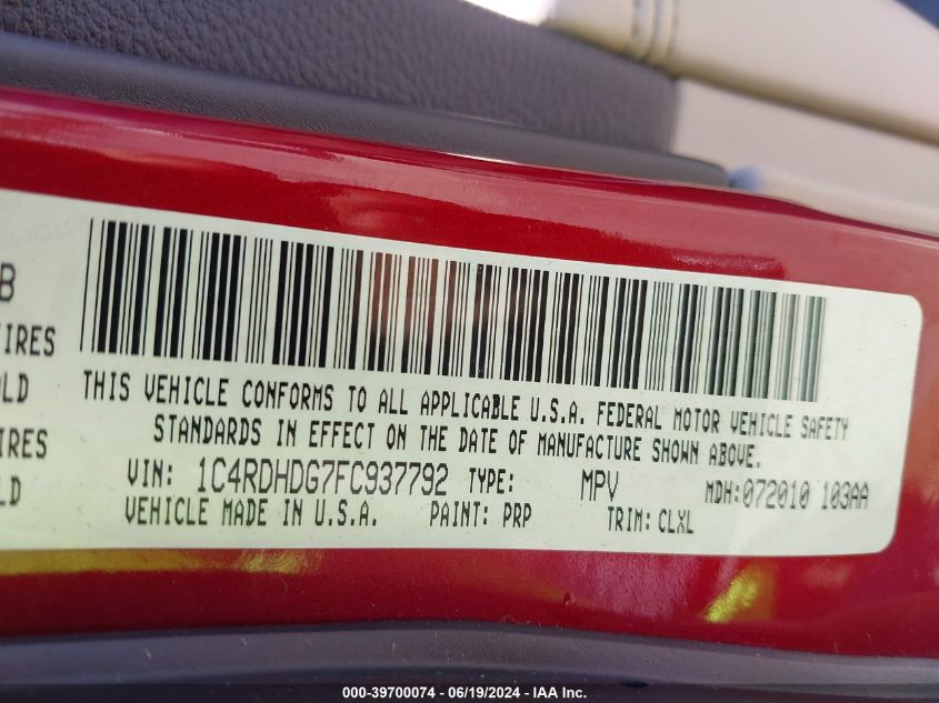 2015 Dodge Durango Limited VIN: 1C4RDHDG7FC937792 Lot: 39700074