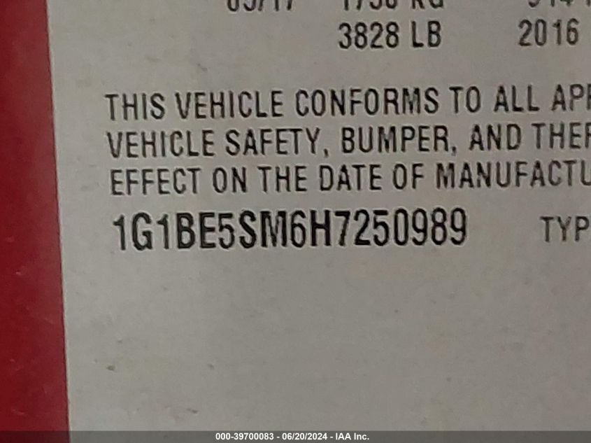 2017 Chevrolet Cruze Lt VIN: 1G1BE5SM6H7250989 Lot: 39700083