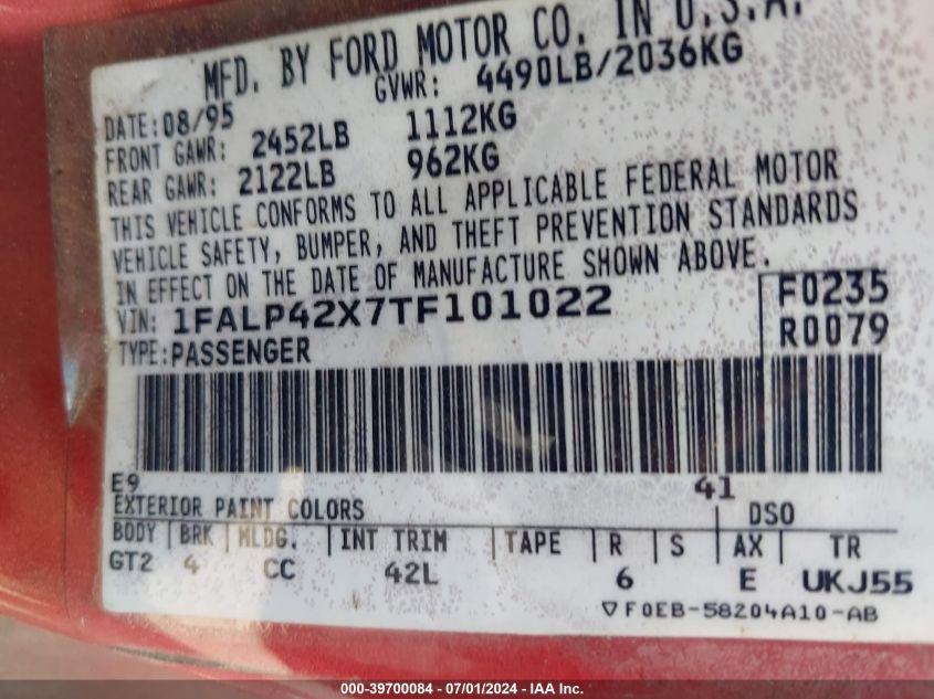 1996 Ford Mustang Gt VIN: 1FALP42X7TF101022 Lot: 39700084