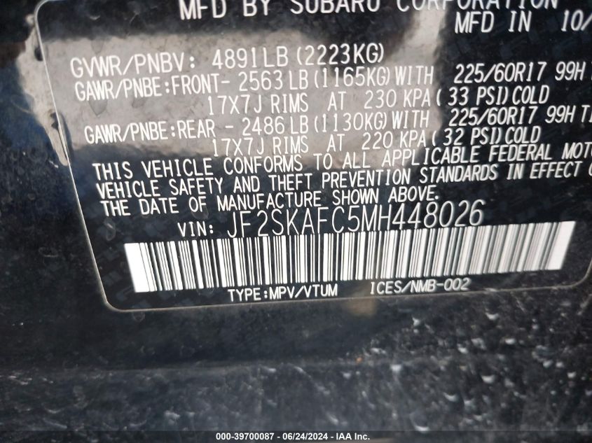 2021 Subaru Forester Premium VIN: JF2SKAFC5MH448026 Lot: 39700087