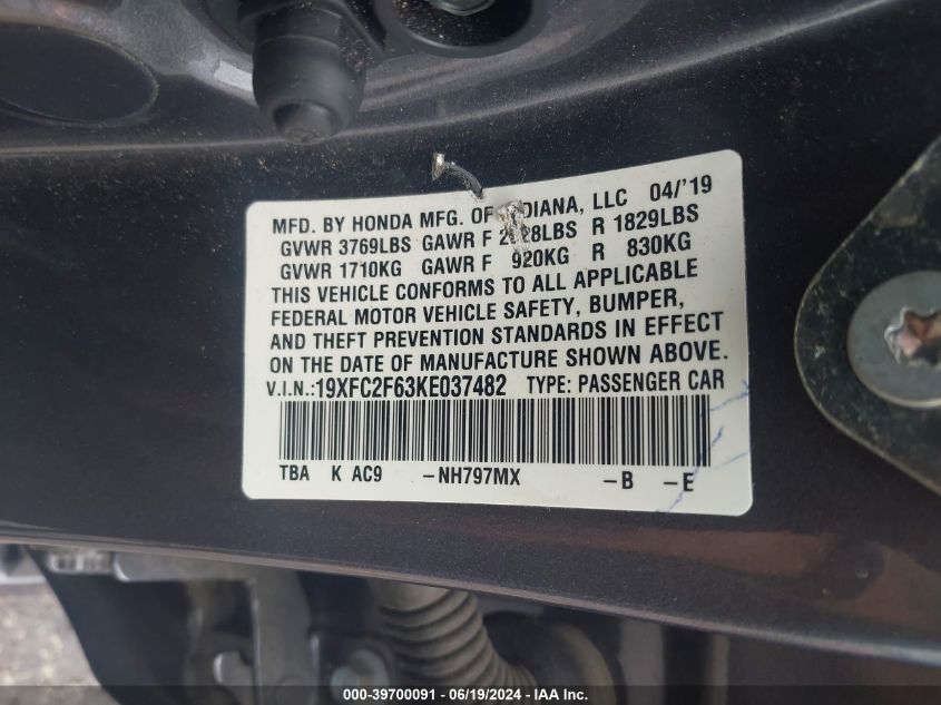 2019 Honda Civic Lx VIN: 19XFC2F63KE037482 Lot: 39700091